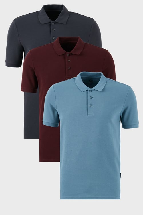 Pamuklu Regular Fit Düğmeli Polo Yaka 3'lü Paket Erkek T Shirt 5902127S3 Vişne-Antrasit-Mavi