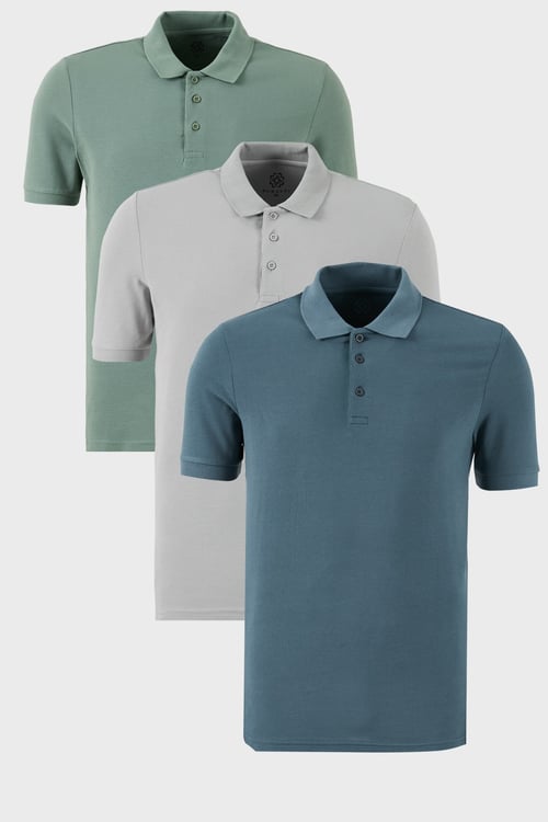 Pamuklu Regular Fit Düğmeli Polo Yaka 3'lü Paket Erkek T Shirt 5902127S3 Elma Yeşili-Kül-Petrol