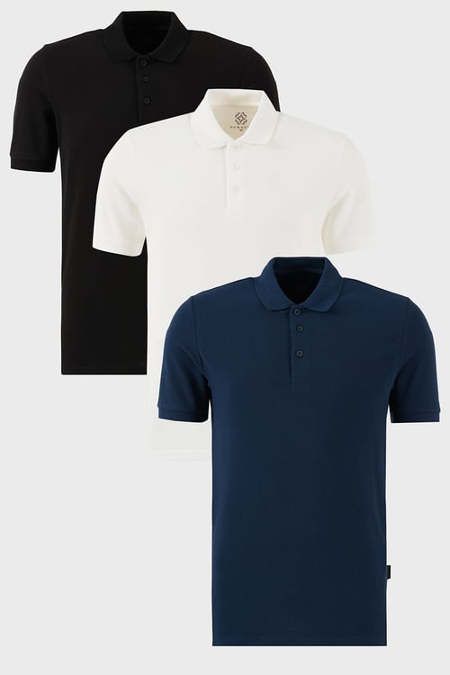 Pamuklu Regular Fit Düğmeli Polo Yaka 3'lü Paket Erkek T Shirt 5902127S3 Siyah-Beyaz-İndigo