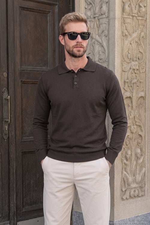 Pamuklu Regular Fit Düğmeli Uzun Kollu Erkek Polo 7024733 KAHVE