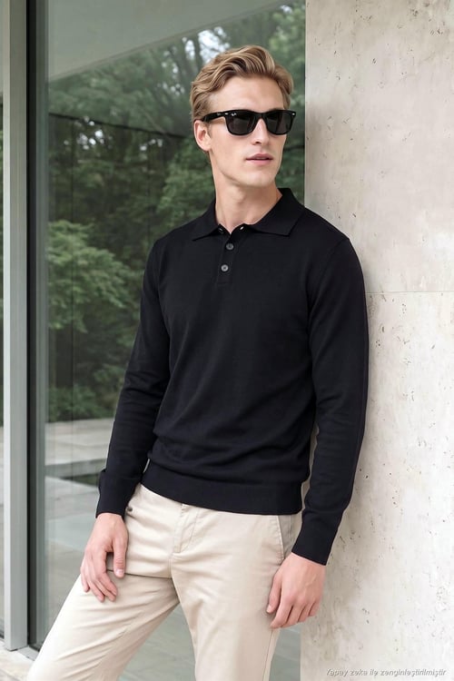 Pamuklu Regular Fit Düğmeli Uzun Kollu Erkek Polo 7024733 SİYAH