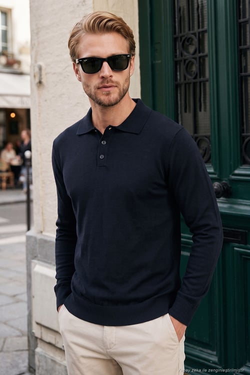 Pamuklu Regular Fit Düğmeli Uzun Kollu Erkek Polo 7024733 LACİVERT