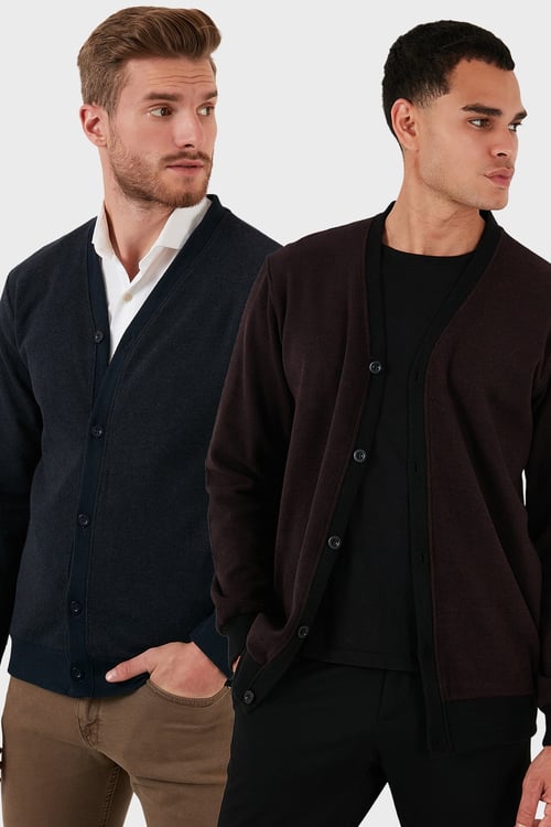 Pamuklu Regular Fit Düğmeli V Yaka 2'li Paket Erkek Hırka 456205S2 BORDO-LACİVERT