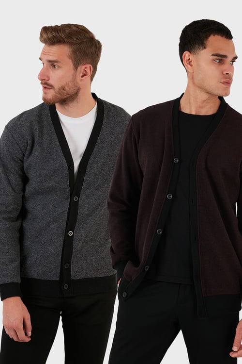 Pamuklu Regular Fit Düğmeli V Yaka 2'li Paket Erkek Hırka 456205S2 BORDO-GRİ