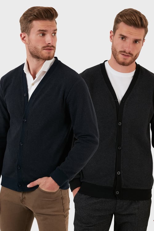 Pamuklu Regular Fit Düğmeli V Yaka 2'li Paket Erkek Hırka 456205S2 ANTRASİT-LACİVERT