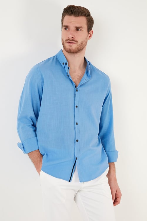 Pamuklu Regular Fit Düğmeli Yaka Erkek Gömlek CF20S111871 KOYU MAVİ