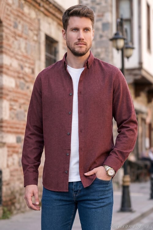 Pamuklu Regular Fit Düğmeli Yaka Kışlık Erkek Gömlek CF24W127079 BORDO