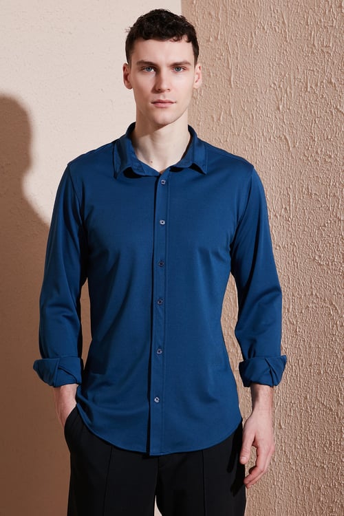Pamuklu Regular Fit Düz Yaka Erkek Gömlek CF25S119628 İNDİGO