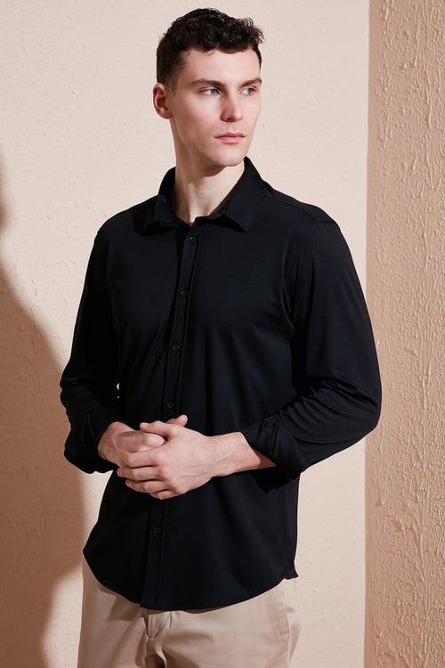 Pamuklu Regular Fit Düz Yaka Erkek Gömlek CF25S119628 SİYAH
