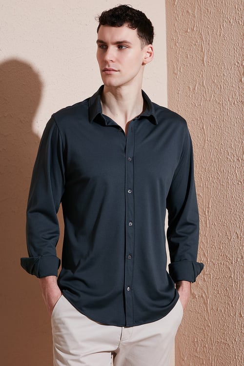 Pamuklu Regular Fit Düz Yaka Erkek Gömlek CF25S119628 ANTRASİT