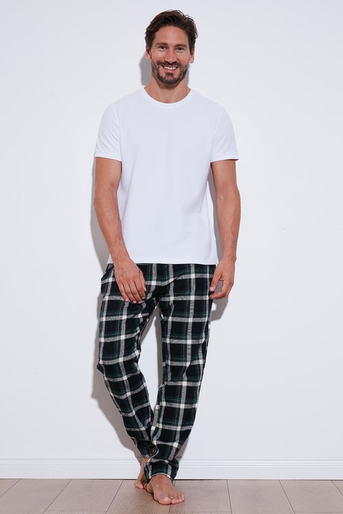 Pamuklu Regular Fit Ekoseli Elastik Bel Erkek Pijama Altı 611PT00154 SİYAH-YEŞİL
