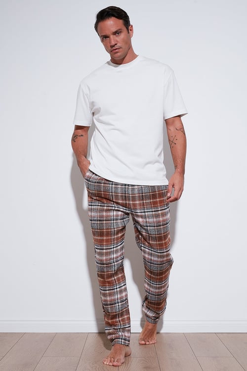 Pamuklu Regular Fit Ekoseli Elastik Bel Erkek Pijama Altı 611PT00154 CAMEL