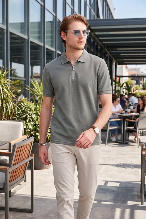 Pamuklu Regular Fit Fermuarlı Erkek Polo Yaka T Shirt 5902434 AÇIK HAKİ