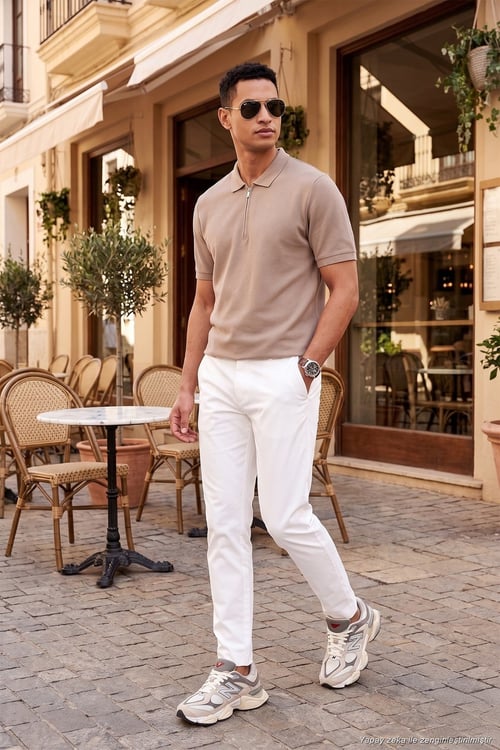 Pamuklu Regular Fit Fermuarlı Erkek Polo Yaka T Shirt 5902434 VİZON