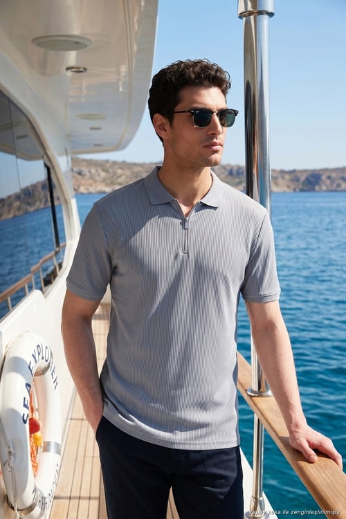 Pamuklu Regular Fit Fermuarlı Erkek Polo Yaka T Shirt 5902738 AÇIK GRİ