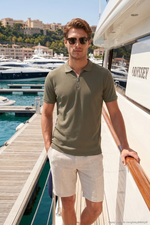 Pamuklu Regular Fit Fermuarlı Erkek Polo Yaka T Shirt 5902738 HAKİ