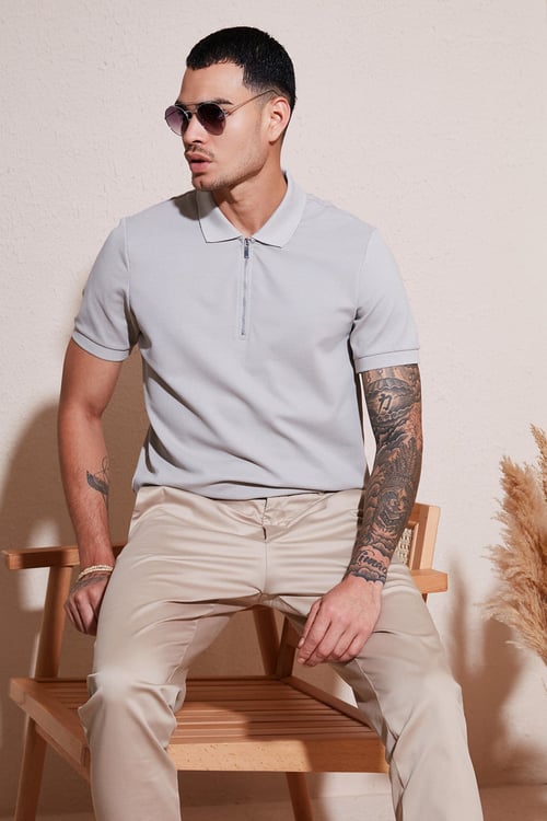 Pamuklu Regular Fit Fermuarlı Erkek Polo Yaka T Shirt 5902915 GRİ