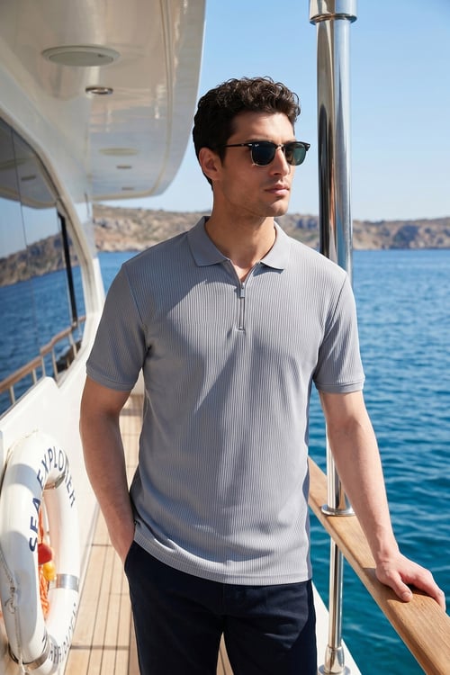 Pamuklu Regular Fit Fermuarlı Erkek Polo Yaka T Shirt 5902738 AÇIK GRİ