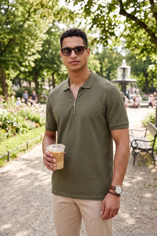 Pamuklu Regular Fit Fermuarlı Erkek Polo Yaka T Shirt 5902434 HAKİ