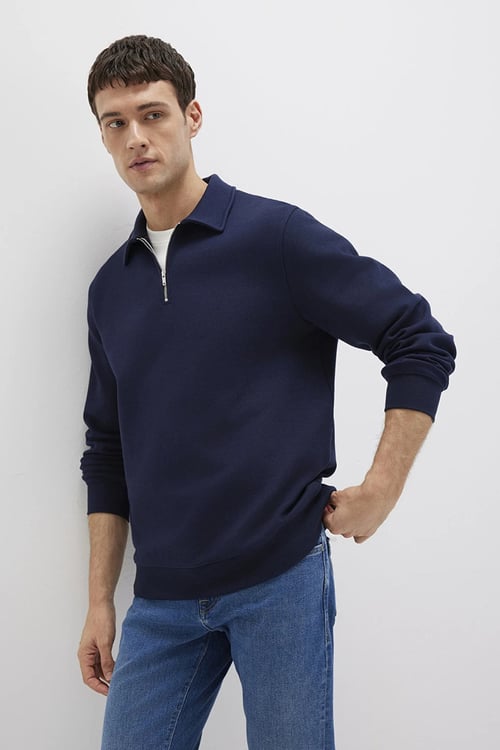 Pamuklu Regular Fit Fermuarlı Erkek Polo Yaka Sweat 0S10414-86415 LACİVERT