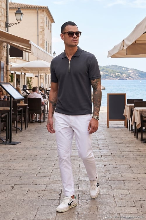 Pamuklu Regular Fit Fermuarlı Erkek Polo Yaka T Shirt 5902434 ANTRASİT