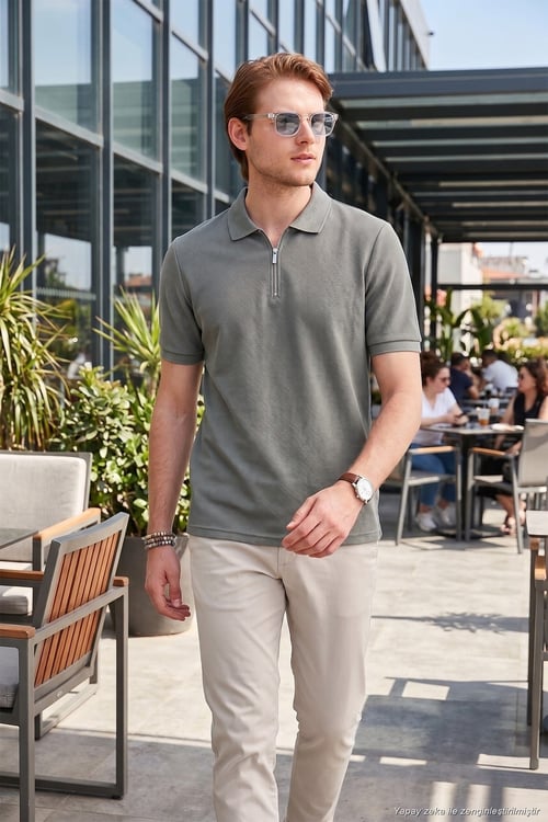 Pamuklu Regular Fit Fermuarlı Erkek Polo Yaka T Shirt 5902434 AÇIK HAKİ
