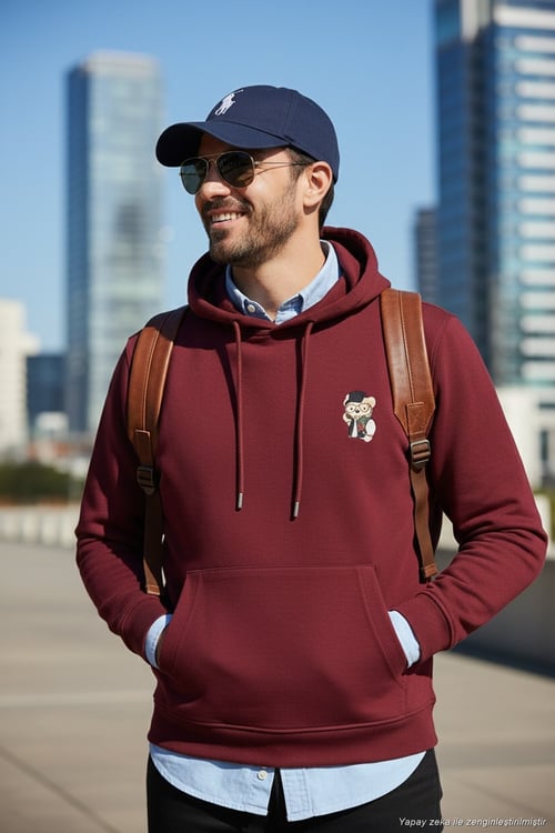 Pamuklu Regular Fit Kanguru Cepli Kapüşonlu Erkek Sweat 6141006B BORDO