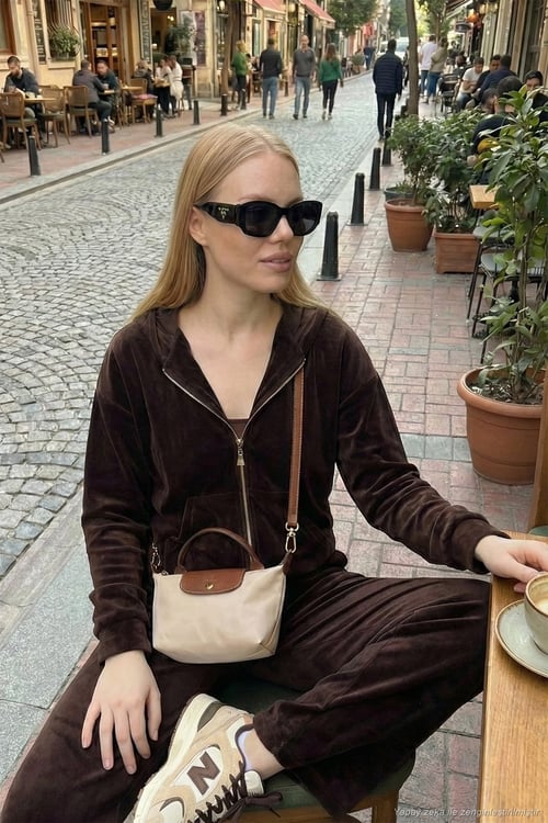 Pamuklu Regular Fit Kapüşonlu Kadife Dokulu 3'lü Kadın Takım 6830097 KAHVE