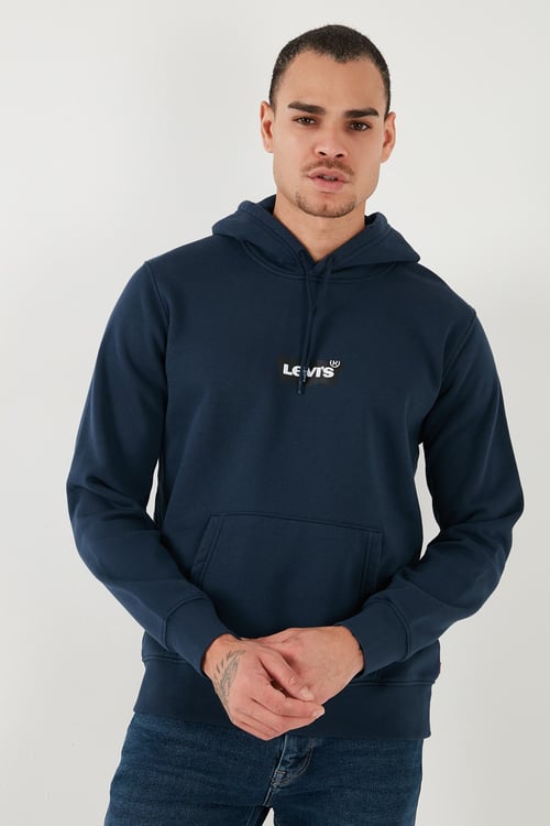 Pamuklu Regular Fit Kapüşonlu Logolu Erkek Sweat A2410-0011 İNDİGO