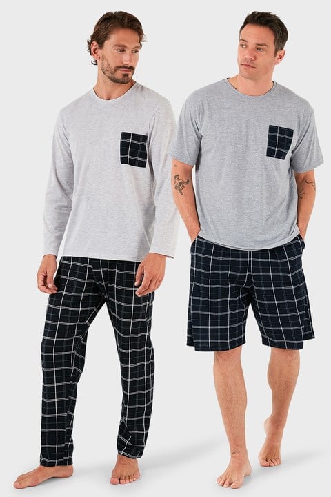 Pamuklu Regular Fit Kareli 2'li Paket Erkek Pijama Takımı 657200120S2 Gri Melanj-Gri Melanj