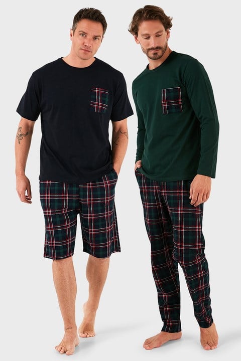 Pamuklu Regular Fit Kareli 2'li Paket Erkek Pijama Takımı 657200120S2 LACİVERT-YEŞİL
