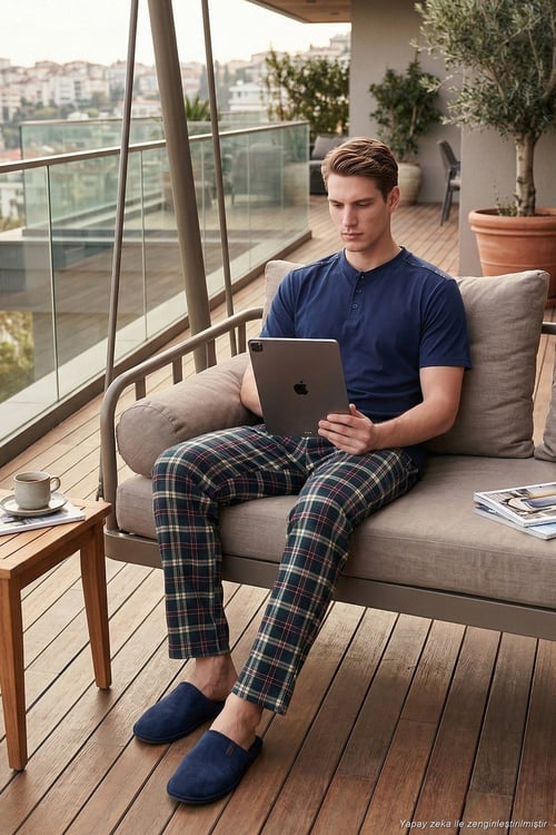Pamuklu Regular Fit Kareli Kısa Kollu Erkek Pijama Takımı 6096860 LACİVERT-YEŞİL