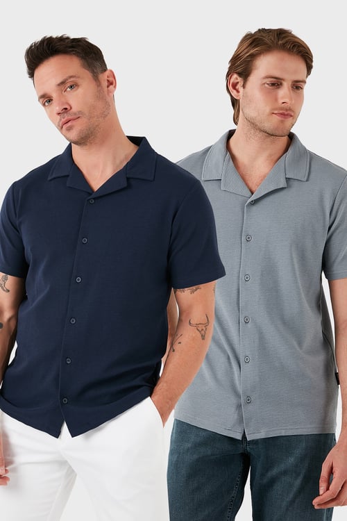 Pamuklu Regular Fit Kısa Kollu 2'li Paket Erkek Gömlek 5902640S2 İndigo-Açık Gri