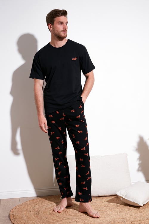 Pamuklu Regular Fit Kısa Kollu Erkek Pijama Takımı 6572012 SİYAH
