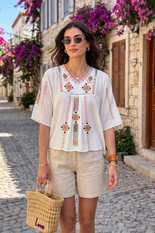 Pamuklu Regular Fit Nakış İşlemeli Kadın Bluz 611BZ0247 EKRU-FUŞYA
