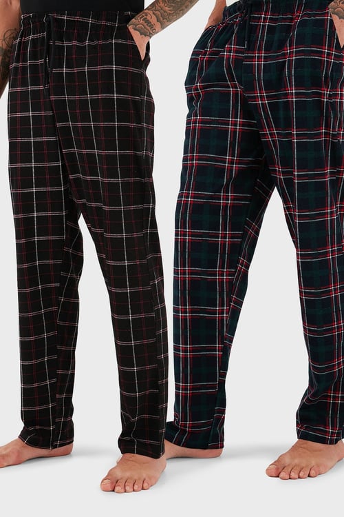 Pamuklu Regular Fit Normal Bel Düz Paça Cepli 2'li Paket Erkek Pijama Altı 6574003S2 Siyah Bordo-Yeşil