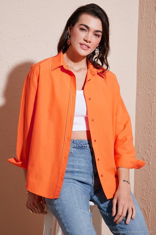 Pamuklu Regular Fit Önü Kısa Arkası Uzun Oval Kesim Kadın Gömlek CF25S163867 ORANGE