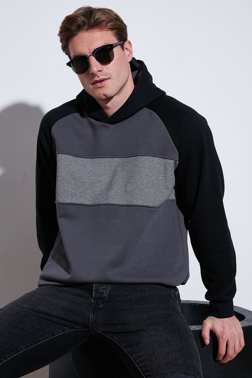 Pamuklu Regular Fit Renk Bloklu Kapüşonlu Erkek Sweat 5905771 SİYAH