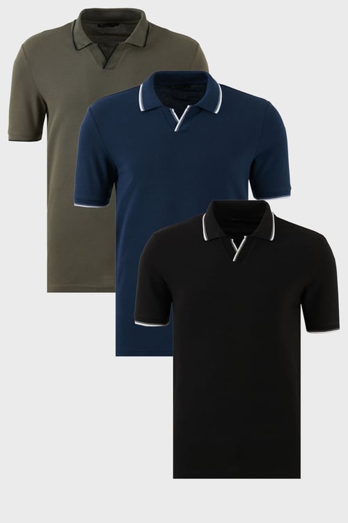 Pamuklu Regular Fit Şerit Detaylı 3'lü Paket Erkek Polo Yaka T Shirt 5902964S3 Haki-Siyah-İndigo