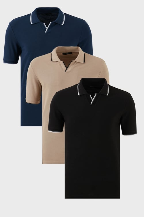 Pamuklu Regular Fit Şerit Detaylı 3'lü Paket Erkek Polo Yaka T Shirt 5902964S3 Vizon-Siyah-İndigo