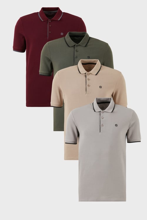 Pamuklu Regular Fit Şerit Detaylı Düğmeli Polo Yaka 4'lü Paket Erkek T Shirt 5902118S4 Vişne-Haki-Taş-Vizon