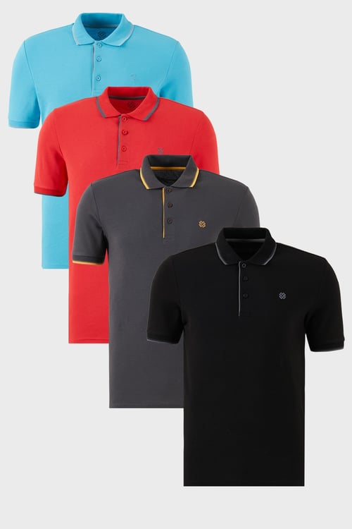 Pamuklu Regular Fit Şerit Detaylı Düğmeli Polo Yaka 4'lü Paket Erkek T Shirt 5902118S4 Siyah-Kırmızı-Antrasit-Aqua Mavi