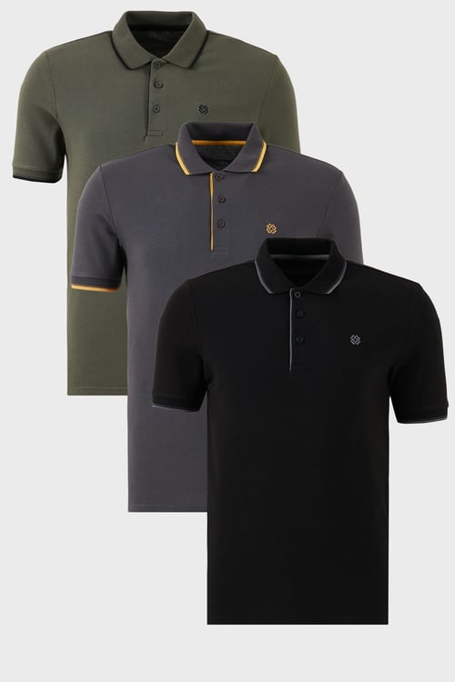 Pamuklu Regular Fit Şerit Detaylı Düğmeli Polo Yaka 3'lü Paket Erkek T Shirt 5902118S3 Siyah-Haki-Antrasit