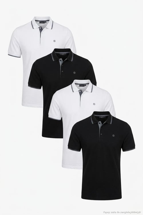 Pamuklu Regular Fit Şerit Detaylı Düğmeli Polo Yaka 4'lü Paket Erkek T Shirt 5902118S4 Siyah-Siyah-Beyaz-Beyaz