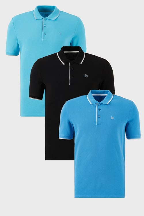Pamuklu Regular Fit Şerit Detaylı Düğmeli Polo Yaka 3'lü Paket Erkek T Shirt 5902118S3 AquaMavi-Koyu Mavi-Siyah Beyaz