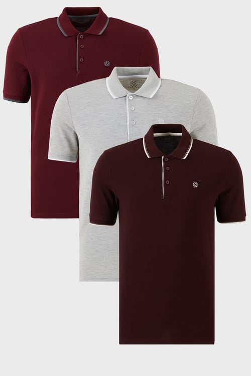 Pamuklu Regular Fit Şerit Detaylı Düğmeli Polo Yaka 3'lü Paket Erkek T Shirt 5902118S3 VİŞNE-GRİ MELANJ-VişneBeyaz