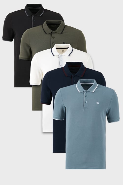 Pamuklu Regular Fit Şerit Detaylı Düğmeli Polo Yaka 5'li Paket Erkek T Shirt 5902118S5 SİYAH-HAKİ-MAVİ-LACİVERTBORDO-BEYAZ