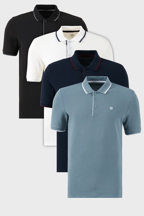 Pamuklu Regular Fit Şerit Detaylı Düğmeli Polo Yaka 4'lü Paket Erkek T Shirt 5902118S4 SİYAH-BEYAZ-LACİVERTBORDO-MAVİ