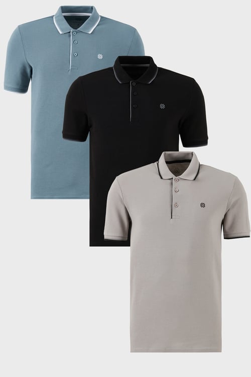 Pamuklu Regular Fit Şerit Detaylı Düğmeli Polo Yaka 3'lü Paket Erkek T Shirt 5902118S3 Siyah-Mavi-Taş