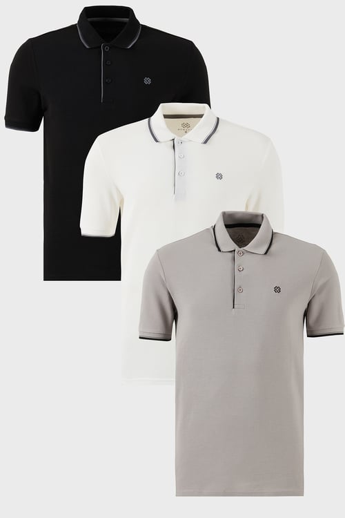Pamuklu Regular Fit Şerit Detaylı Düğmeli Polo Yaka 3'lü Paket Erkek T Shirt 5902118S3 Taş-Beyaz-Siyah